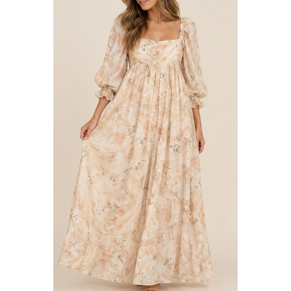 Bohme/Storia Floral Square Neck Puff Sleeve Tiered Maxi Dress Cream Peach NWT